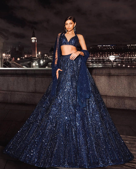 Blue Designer Net Sequins & Dori Work Lehenga Set ClothsVilla Main image