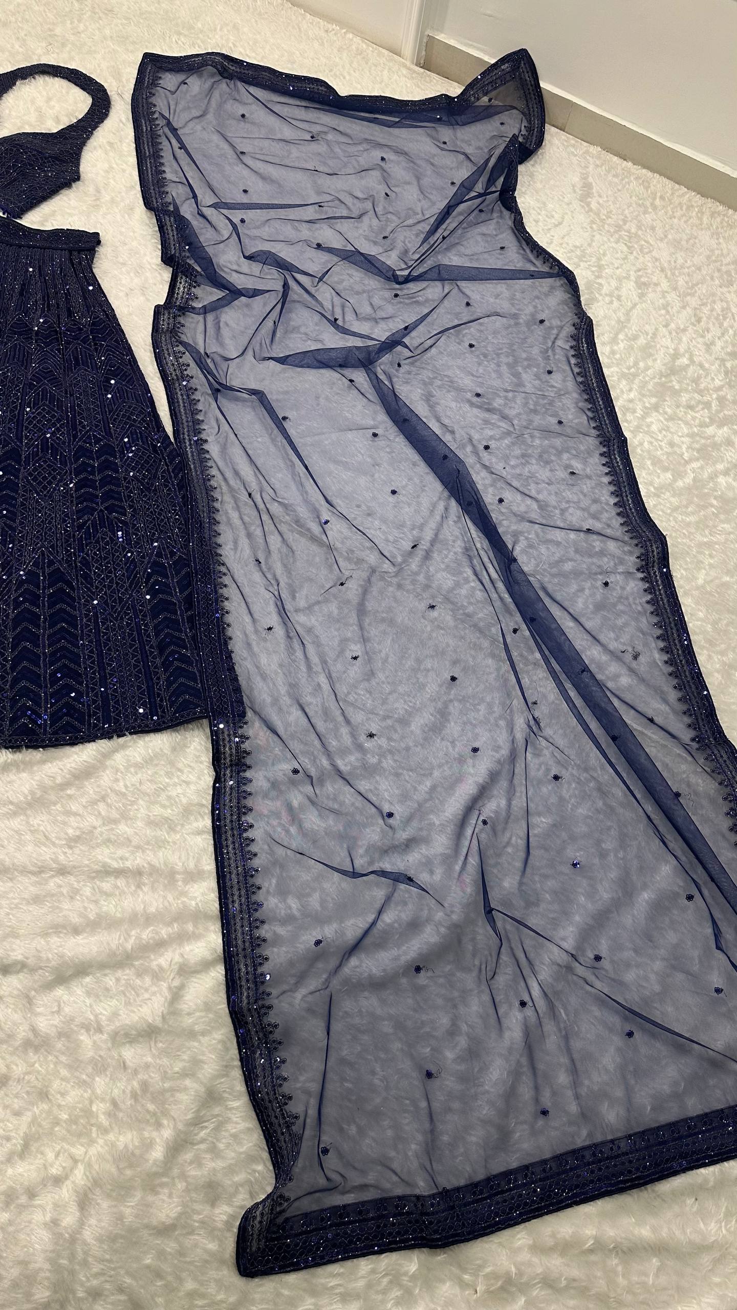 Blue Designer Net Sequins & Dori Work Lehenga Set ClothsVilla