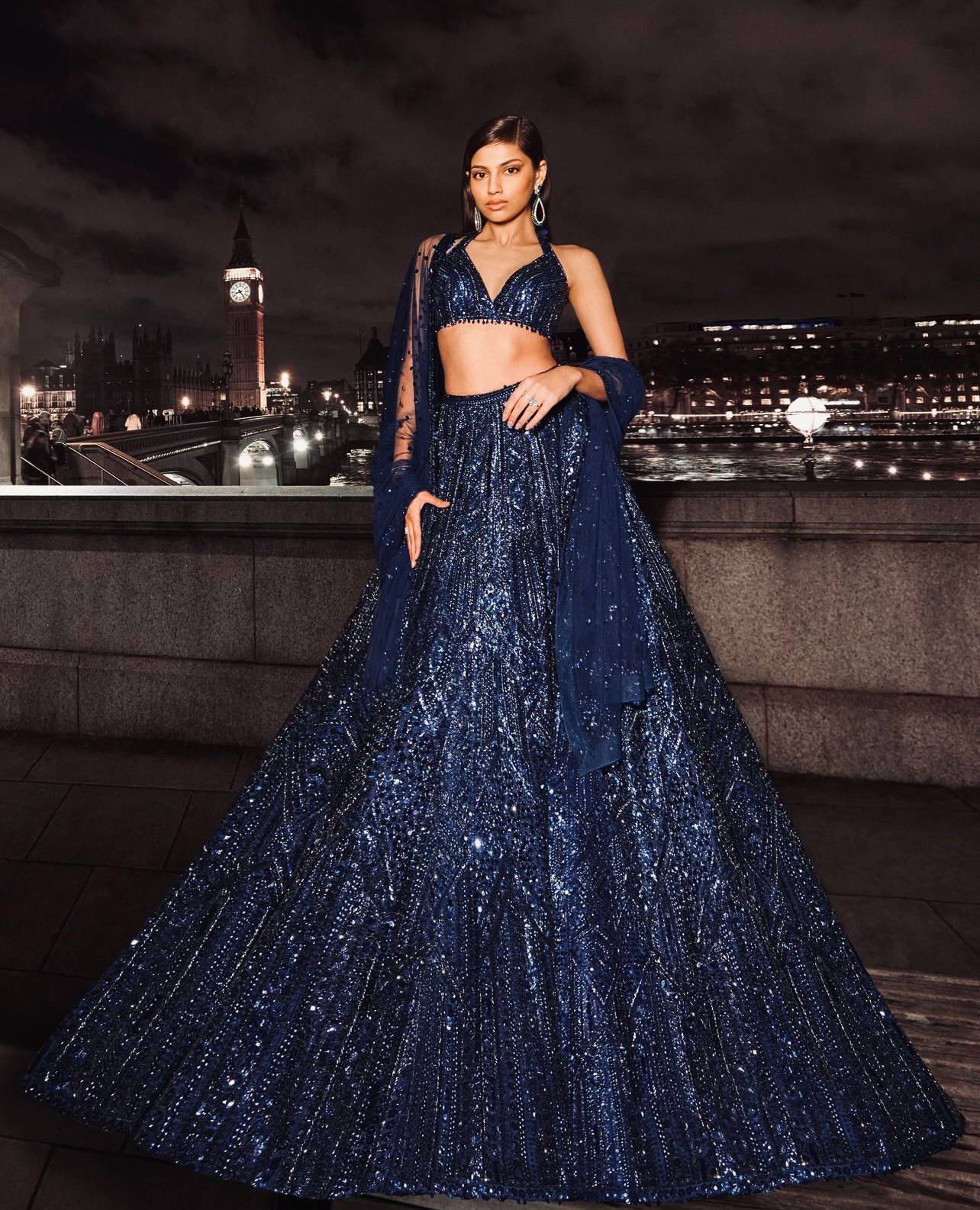 Blue Designer Net Sequins & Dori Work Lehenga Set