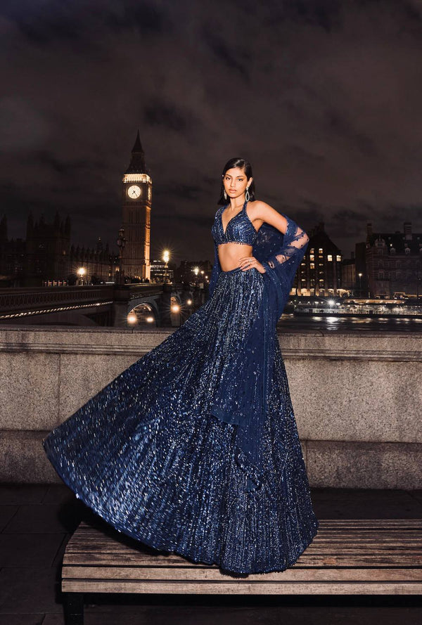 Blue Designer Net Sequins & Dori Work Lehenga Set ClothsVilla