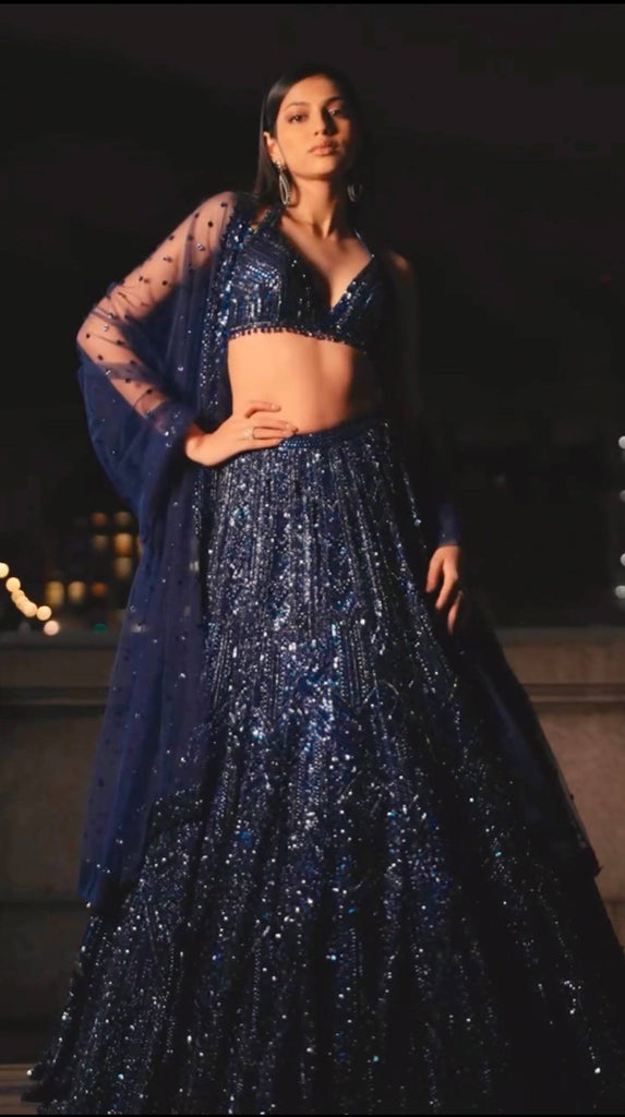 Blue Designer Net Sequins & Dori Work Lehenga Set ClothsVilla