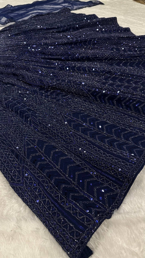 Blue Designer Net Sequins & Dori Work Lehenga Set ClothsVilla