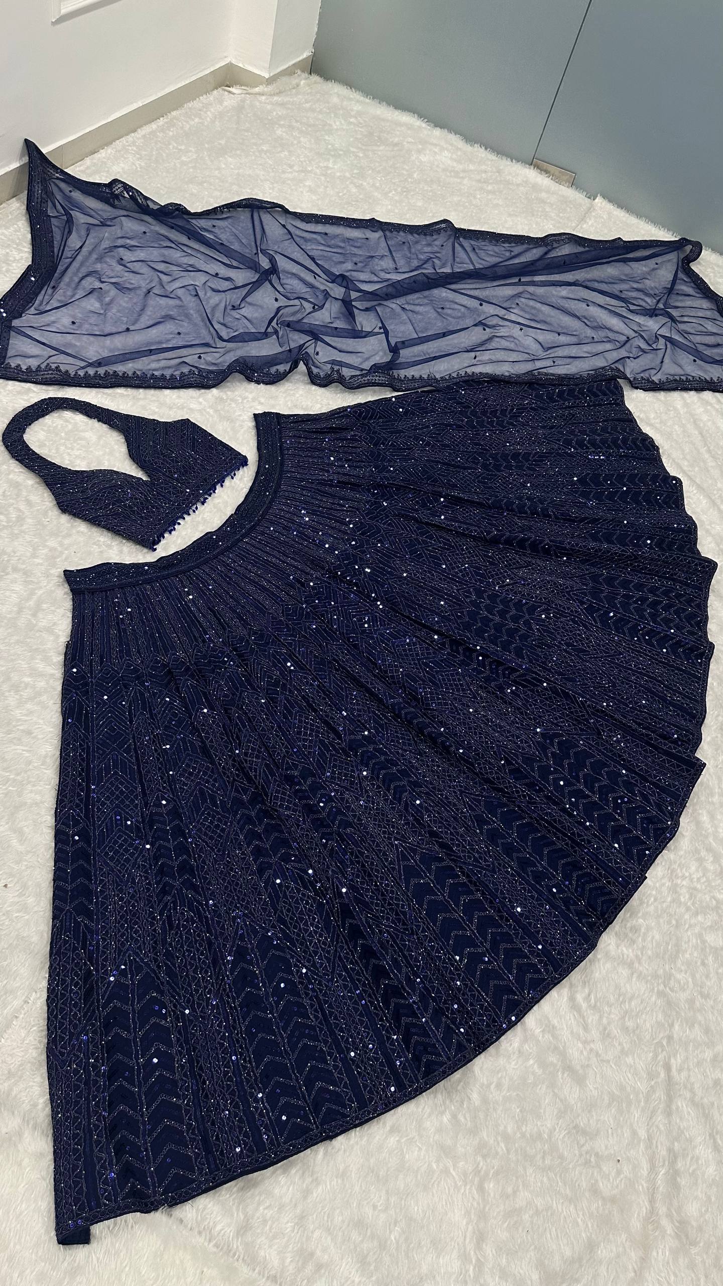 Blue Designer Net Sequins & Dori Work Lehenga Set ClothsVilla