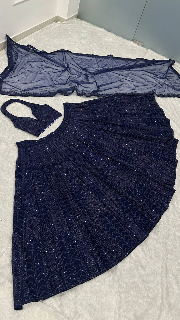 Blue Designer Net Sequins & Dori Work Lehenga Set ClothsVilla