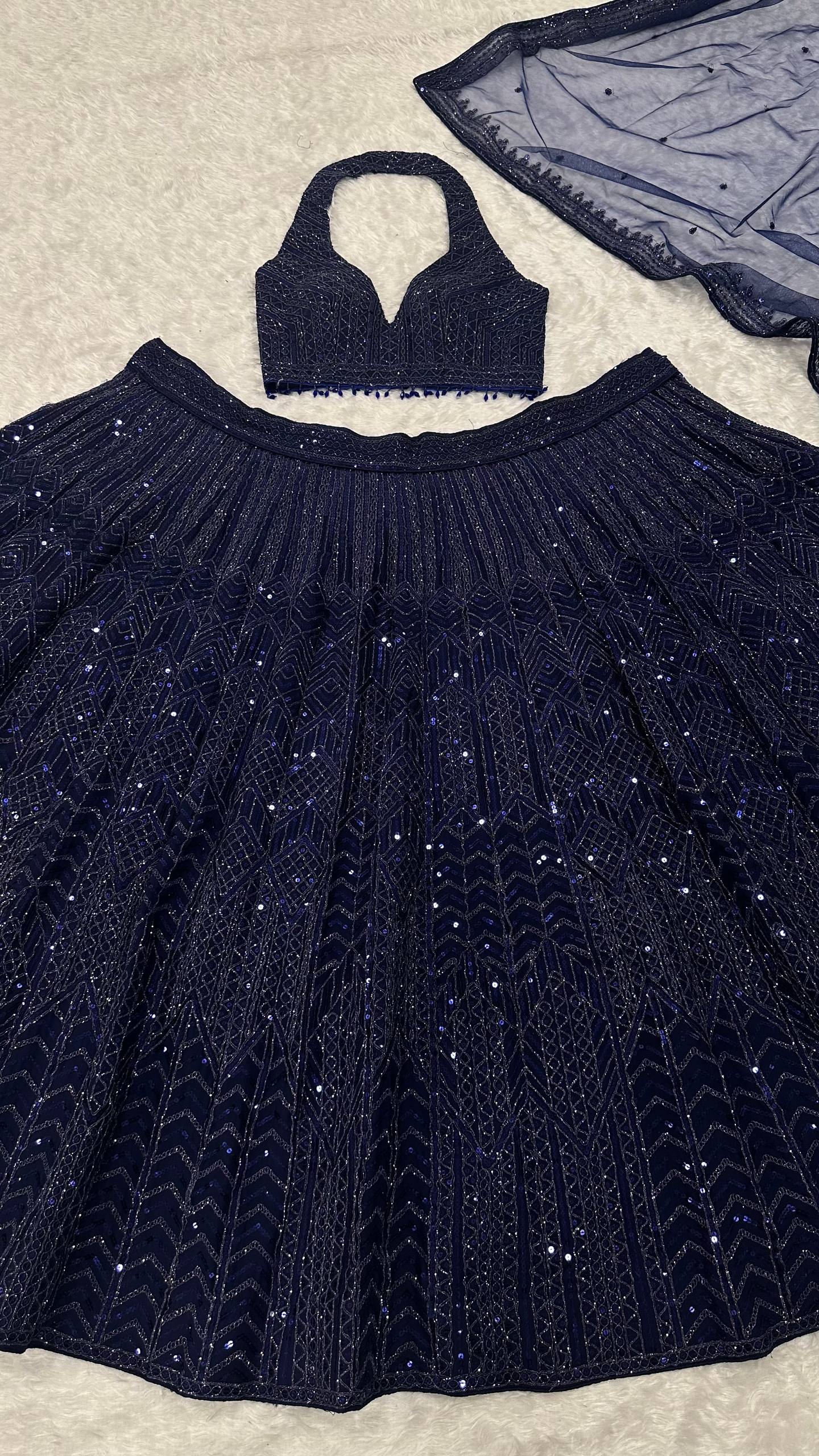 Blue Designer Net Sequins & Dori Work Lehenga Set ClothsVilla