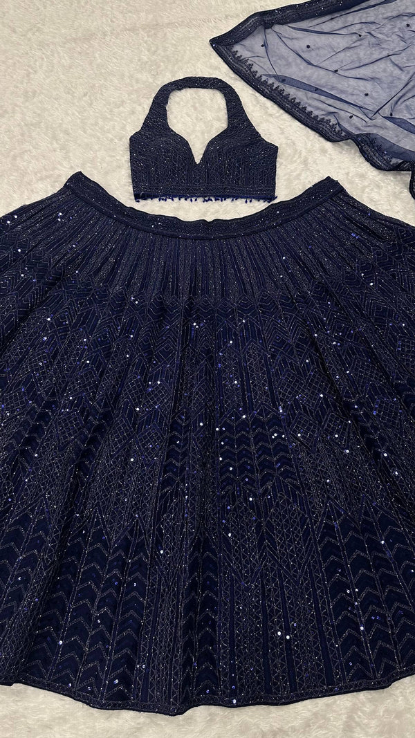 Blue Designer Net Sequins & Dori Work Lehenga Set ClothsVilla