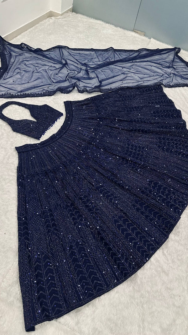 Blue Designer Net Sequins & Dori Work Lehenga Set ClothsVilla
