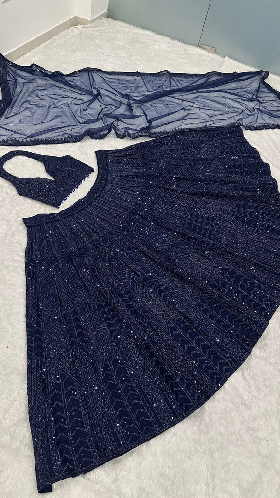 Blue Designer Net Sequins & Dori Work Lehenga Set ClothsVilla