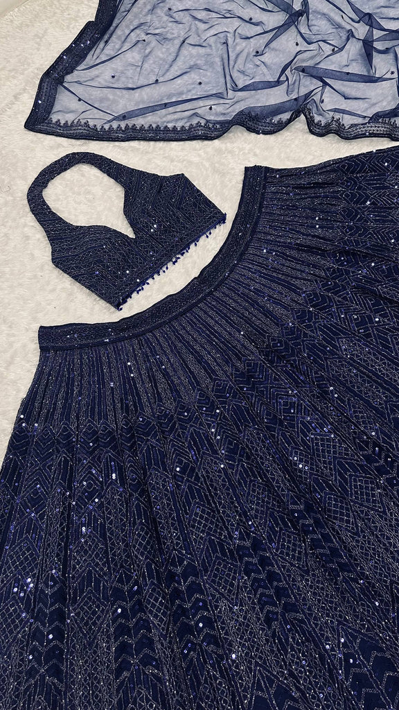 Blue Designer Net Sequins & Dori Work Lehenga Set ClothsVilla