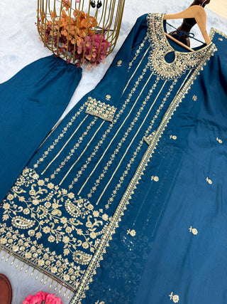 Blue Designer Party Wear Chinon Silk Set – Elegant Embroidery & Tassel Detailing ClothsVilla
