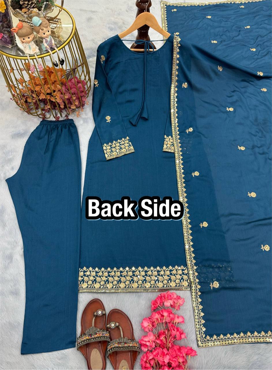 Blue Designer Party Wear Chinon Silk Set – Elegant Embroidery & Tassel Detailing ClothsVilla