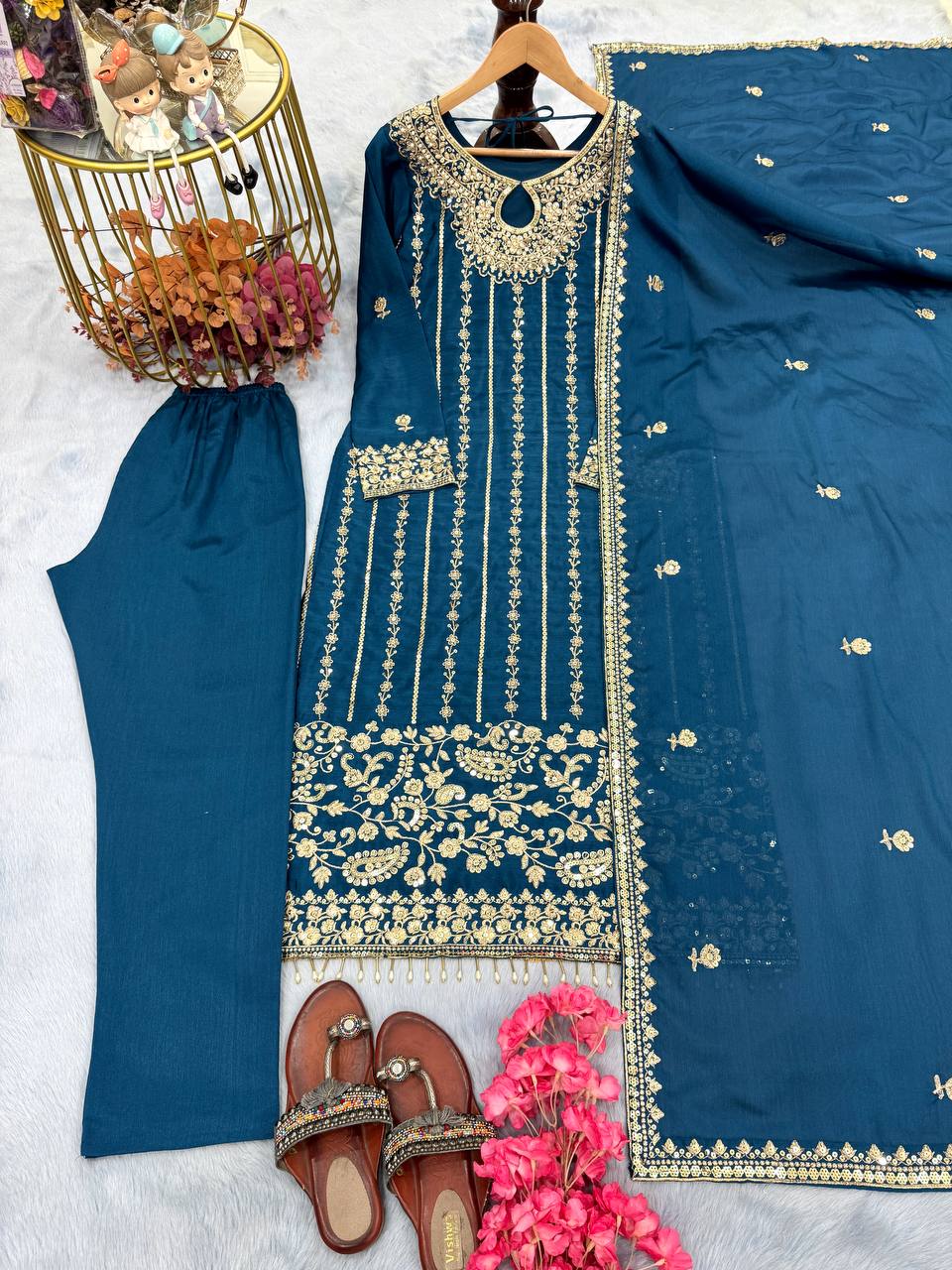 Blue Designer Party Wear Chinon Silk Set – Elegant Embroidery & Tassel Detailing ClothsVilla