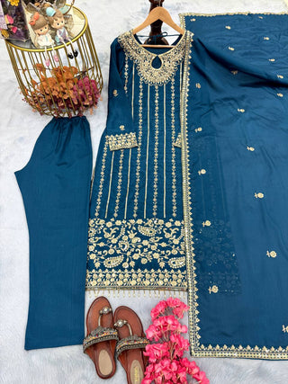 Blue Designer Party Wear Chinon Silk Set – Elegant Embroidery & Tassel Detailing ClothsVilla