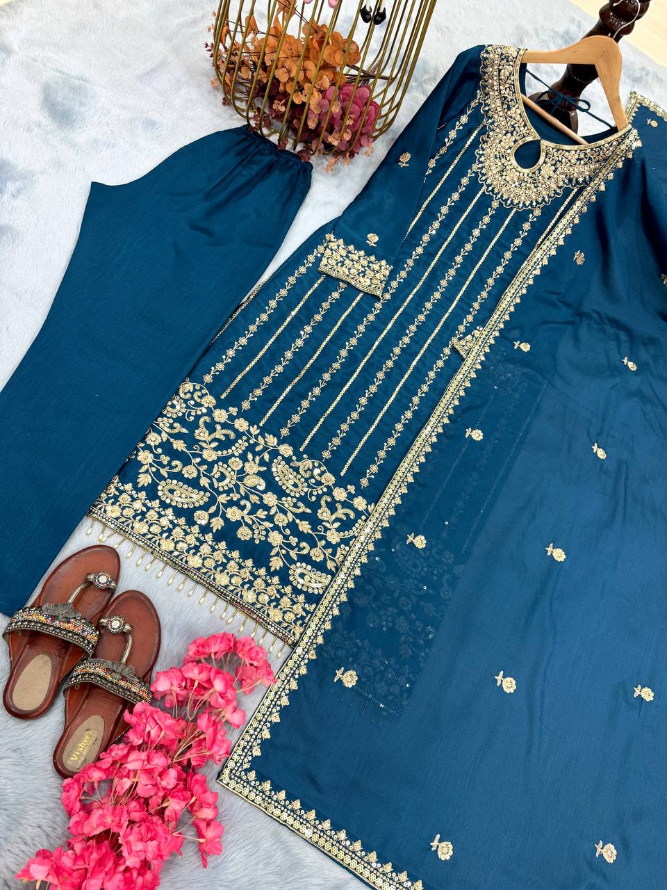 Blue Designer Party Wear Chinon Silk Set – Elegant Embroidery & Tassel Detailing ClothsVilla