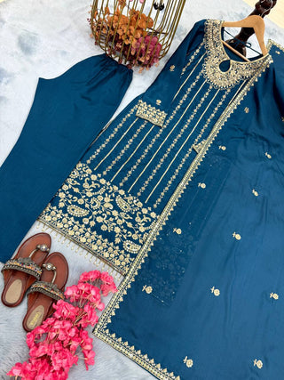 Blue Designer Party Wear Chinon Silk Set – Elegant Embroidery & Tassel Detailing ClothsVilla