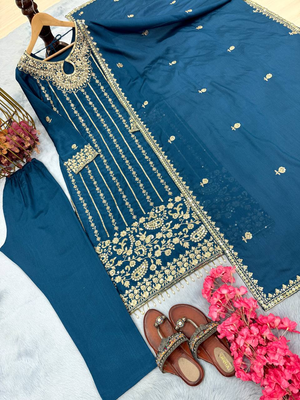 Blue Designer Party Wear Chinon Silk Set – Elegant Embroidery & Tassel Detailing ClothsVilla