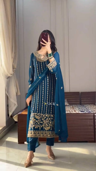 Blue Designer Party Wear Chinon Silk Set – Elegant Embroidery & Tassel Detailing ClothsVilla