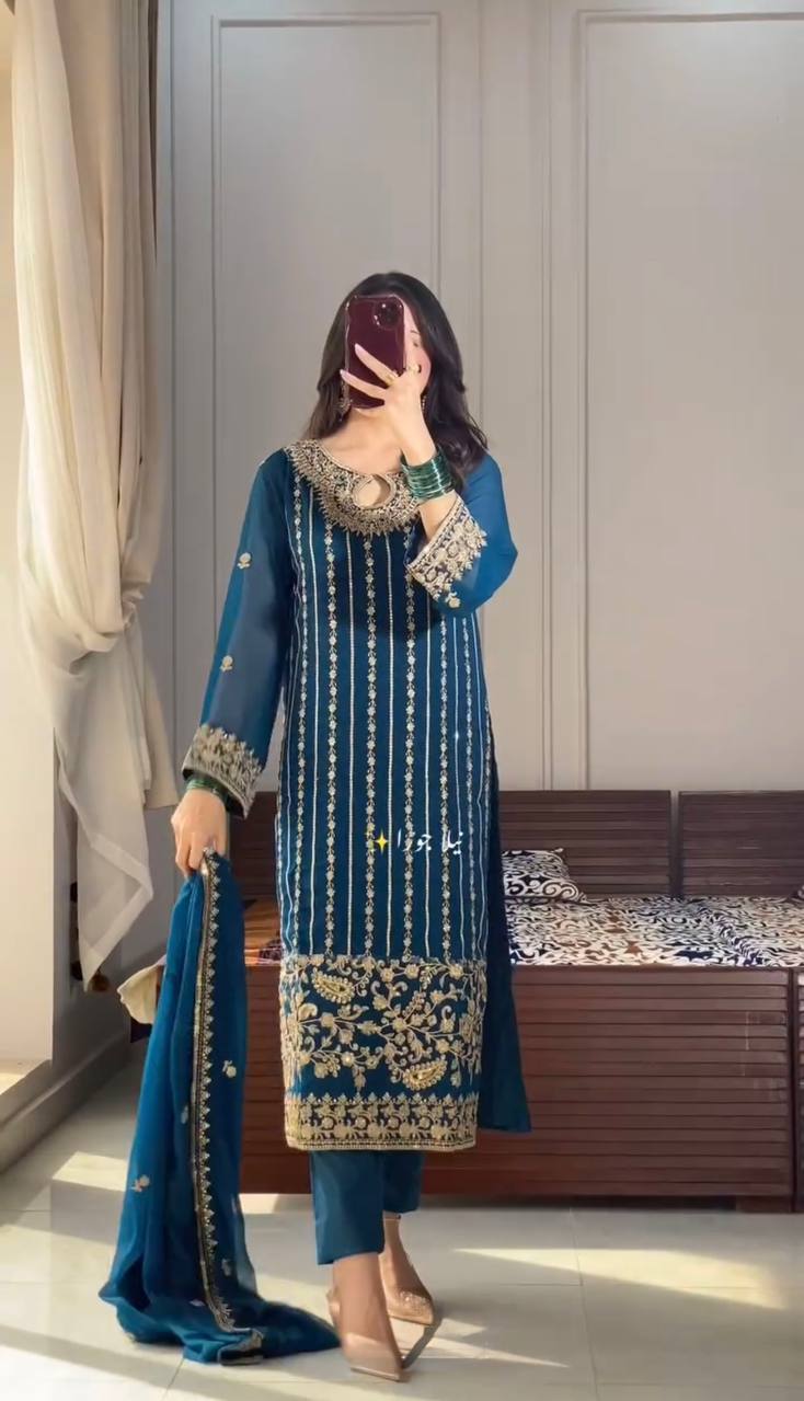 Blue Designer Party Wear Chinon Silk Set – Elegant Embroidery & Tassel Detailing ClothsVilla