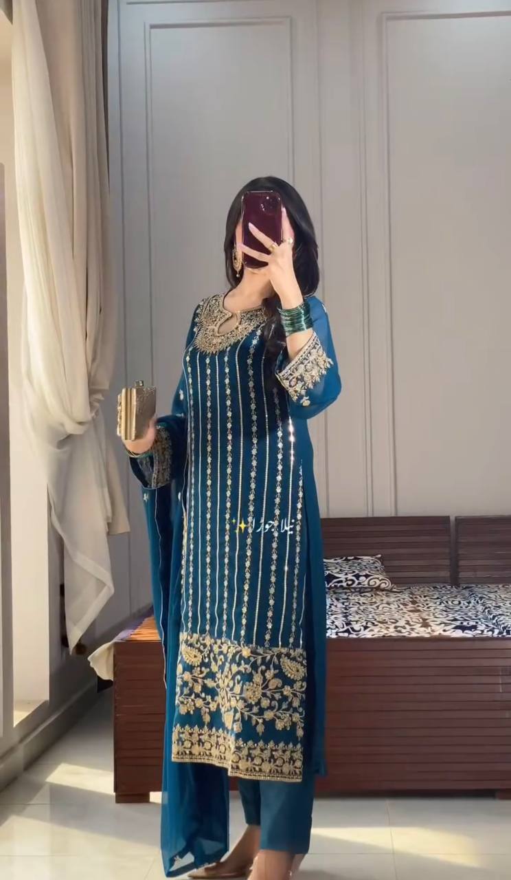 Blue Designer Party Wear Chinon Silk Set – Elegant Embroidery & Tassel Detailing ClothsVilla