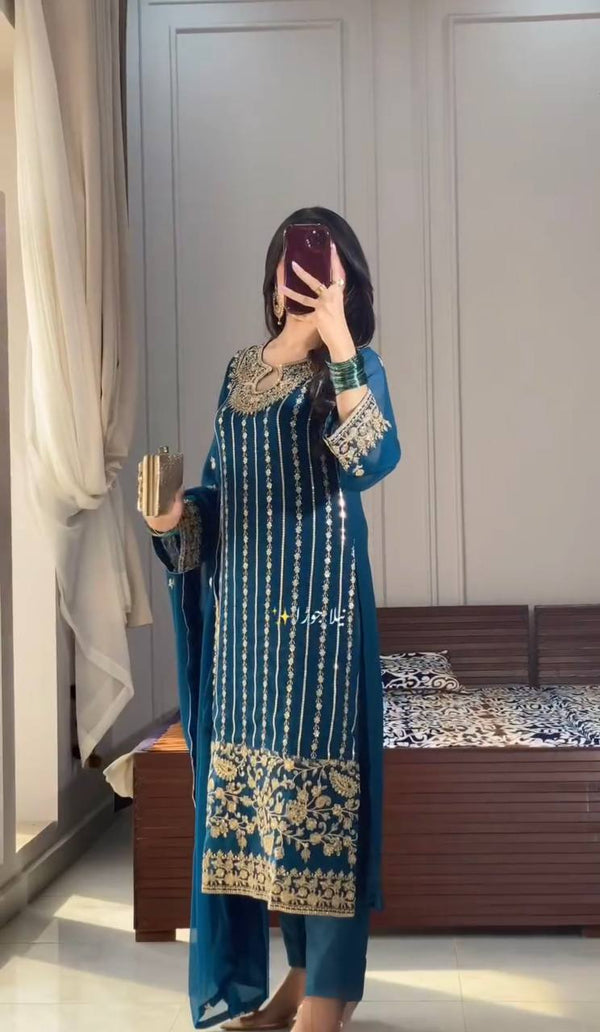 Blue Designer Party Wear Chinon Silk Set – Elegant Embroidery & Tassel Detailing ClothsVilla
