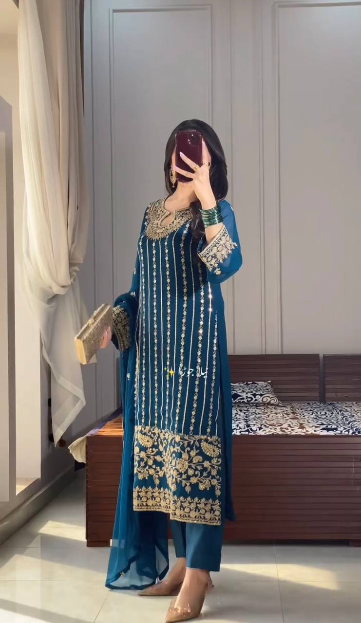 Blue Designer Party Wear Chinon Silk Set – Elegant Embroidery & Tassel Detailing ClothsVilla