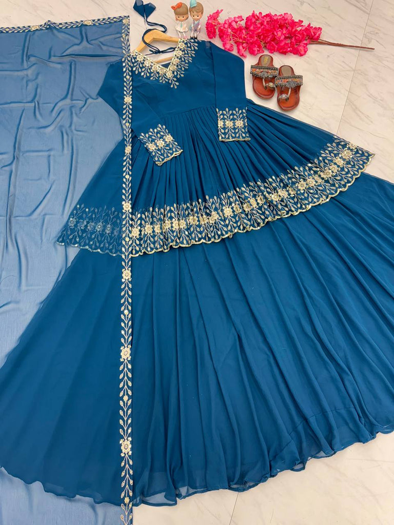 Blue Designer Party Wear Top with Lehenga & Dupatta Set - Sequin Embroidery and Tassel Accents ClothsVilla