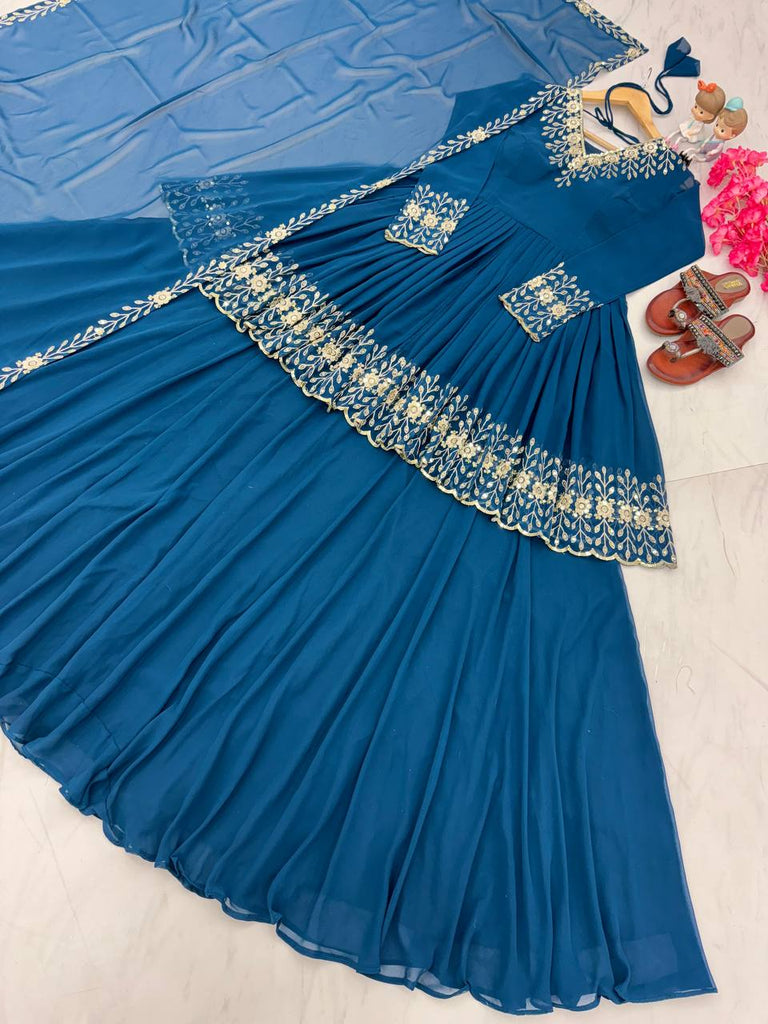 Blue Designer Party Wear Top with Lehenga & Dupatta Set - Sequin Embroidery and Tassel Accents ClothsVilla