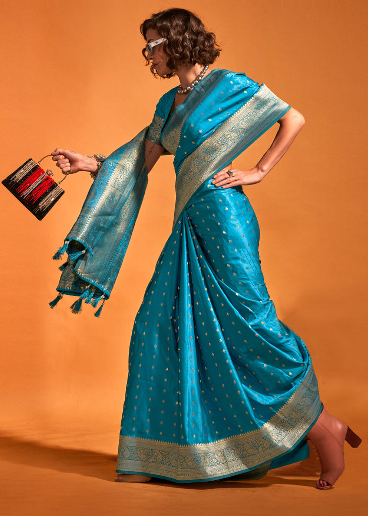 Blue Designer Satin Silk Saree with Blouse Piece ClothsVilla