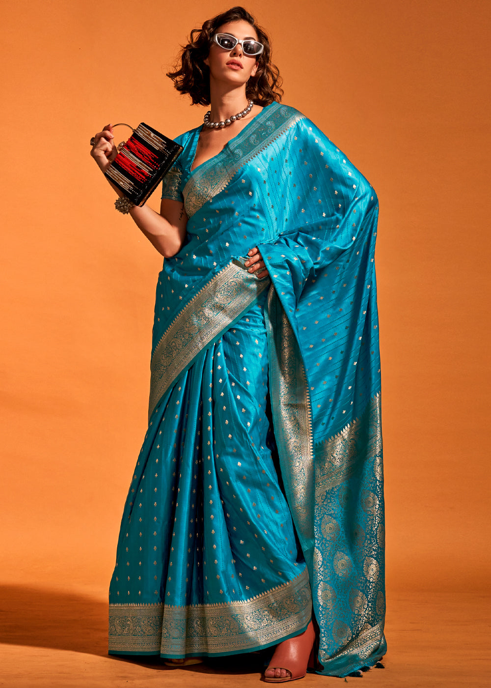 Blue Designer Satin Silk Saree with Blouse Piece ClothsVilla
