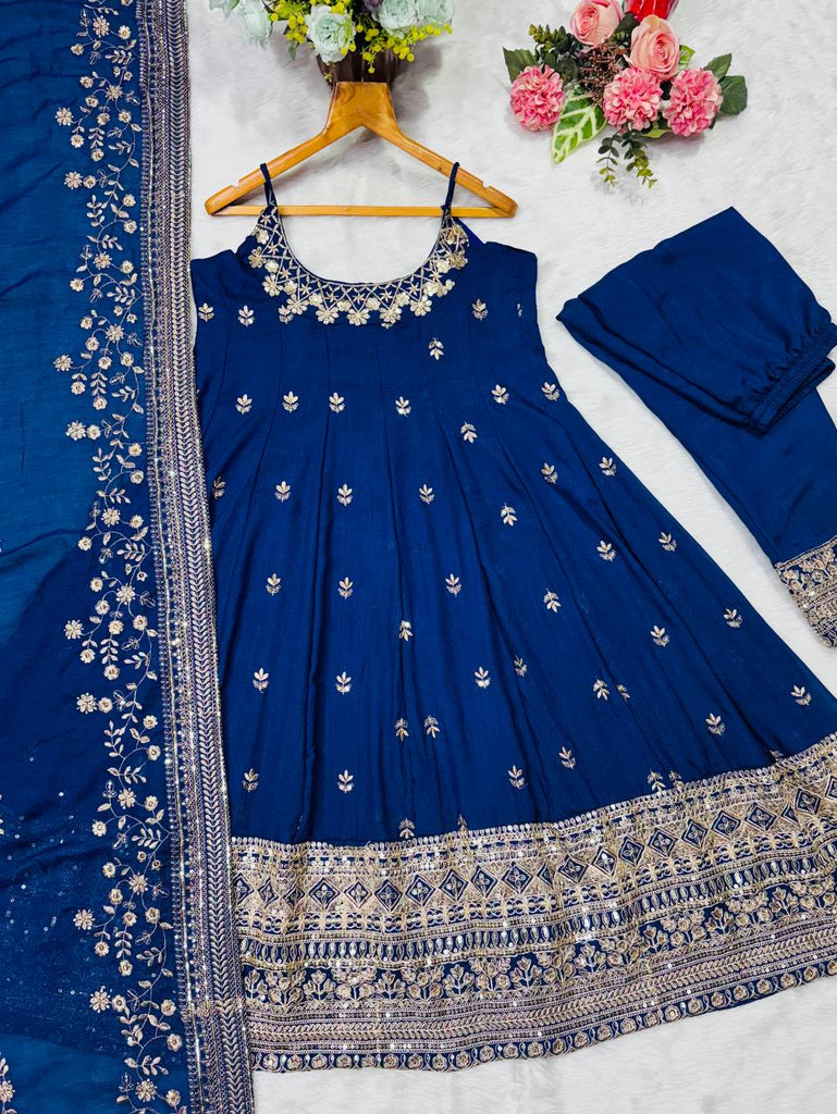 Blue Designer Vichitra Silk Gown Set with Zari-Coding, Sequin Embroidery & Dori Latkan – Premium 3-Piece Stitched Ensemble ClothsVilla