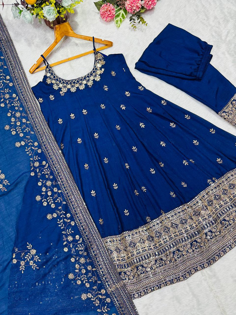 Blue Designer Vichitra Silk Gown Set with Zari-Coding, Sequin Embroidery & Dori Latkan – Premium 3-Piece Stitched Ensemble ClothsVilla