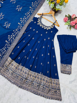 Blue Designer Vichitra Silk Gown Set with Zari-Coding, Sequin Embroidery & Dori Latkan – Premium 3-Piece Stitched Ensemble ClothsVilla