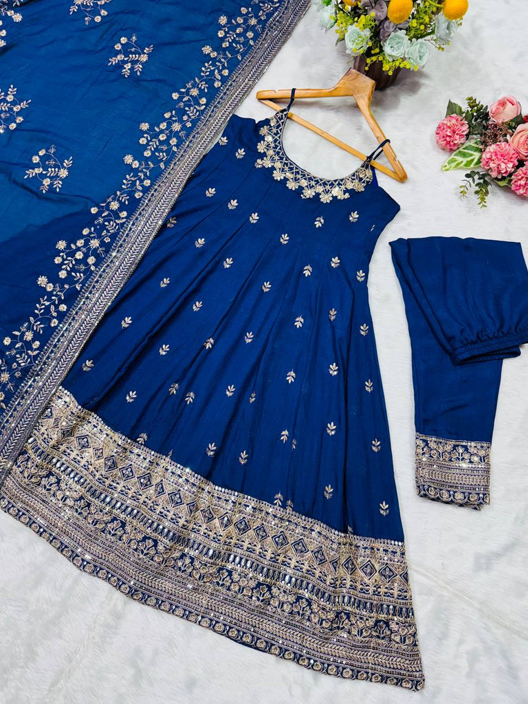 Blue Designer Vichitra Silk Gown Set with Zari-Coding, Sequin Embroidery & Dori Latkan – Premium 3-Piece Stitched Ensemble ClothsVilla
