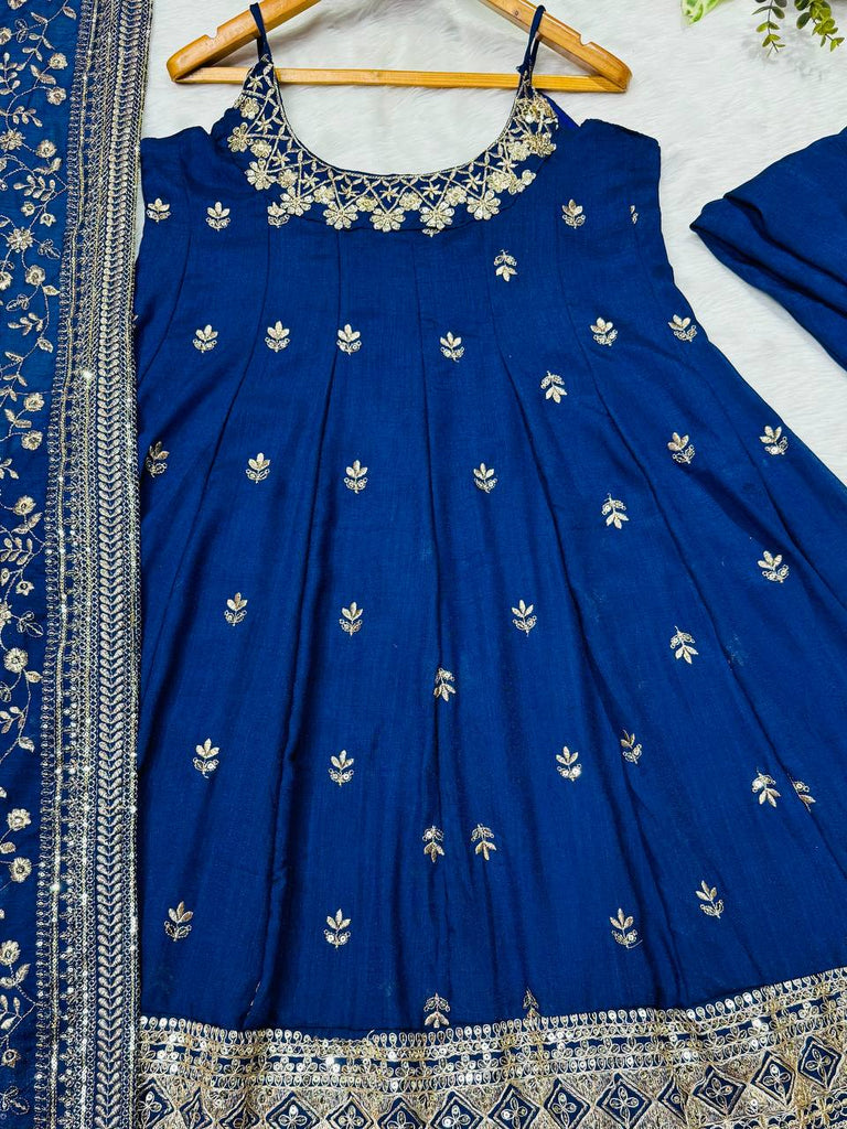 Blue Designer Vichitra Silk Gown Set with Zari-Coding, Sequin Embroidery & Dori Latkan – Premium 3-Piece Stitched Ensemble ClothsVilla