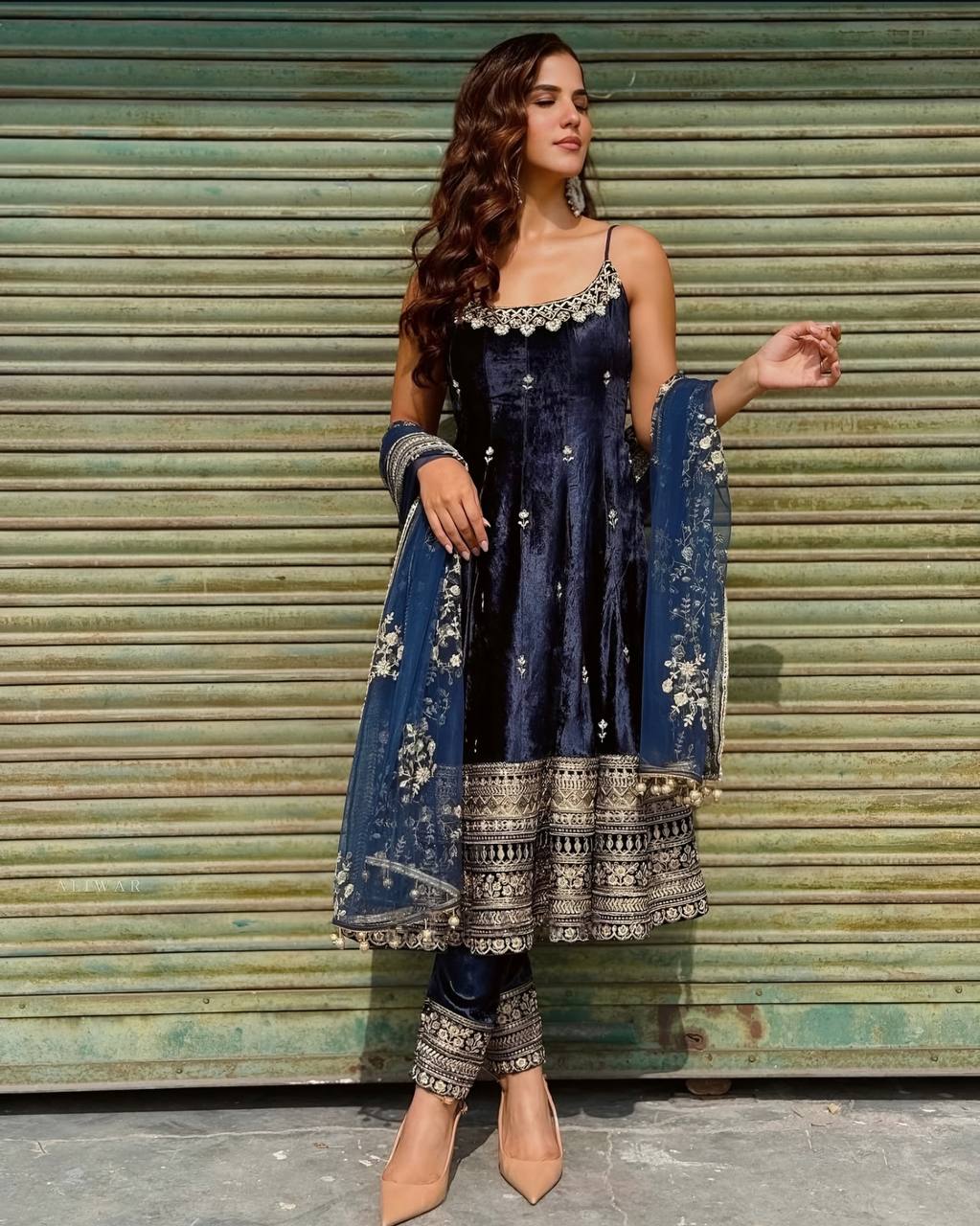 Blue Designer Vichitra Silk Gown Set with Zari-Coding, Sequin Embroidery & Dori Latkan – Premium 3-Piece Stitched Ensemble ClothsVilla