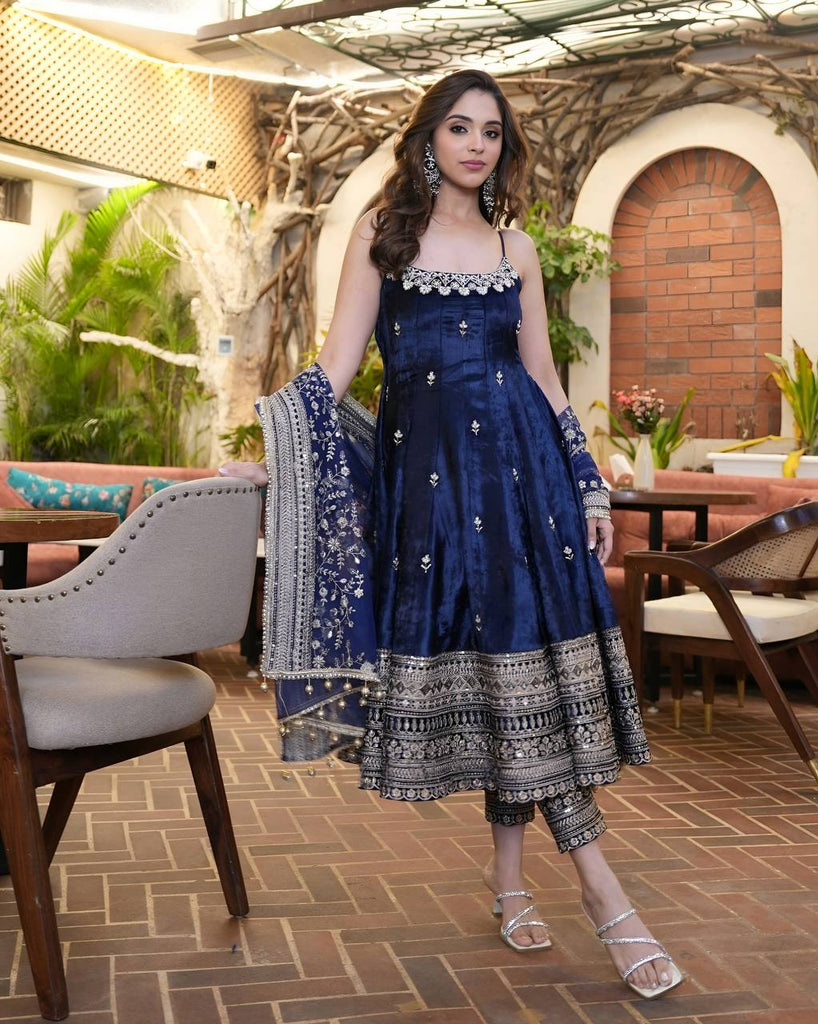 Blue Designer Vichitra Silk Gown Set with Zari-Coding, Sequin Embroidery & Dori Latkan – Premium 3-Piece Stitched Ensemble ClothsVilla