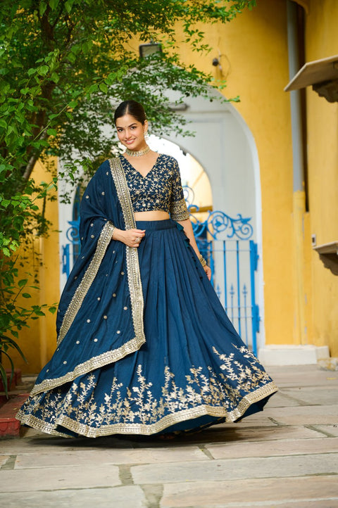 Blue Designer Vichitra Silk Lehenga with Sequins Multi-Embroidery – Full-Stitched Lehenga with Unstitched Blouse & Lace Border Dupatta ClothsVilla Main image