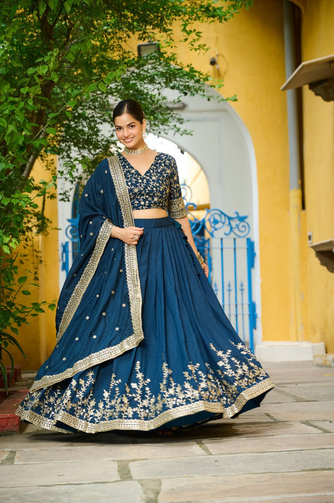 Blue Designer Vichitra Silk Lehenga with Sequins Multi-Embroidery – Full-Stitched Lehenga with Unstitched Blouse & Lace Border Dupatta ClothsVilla
