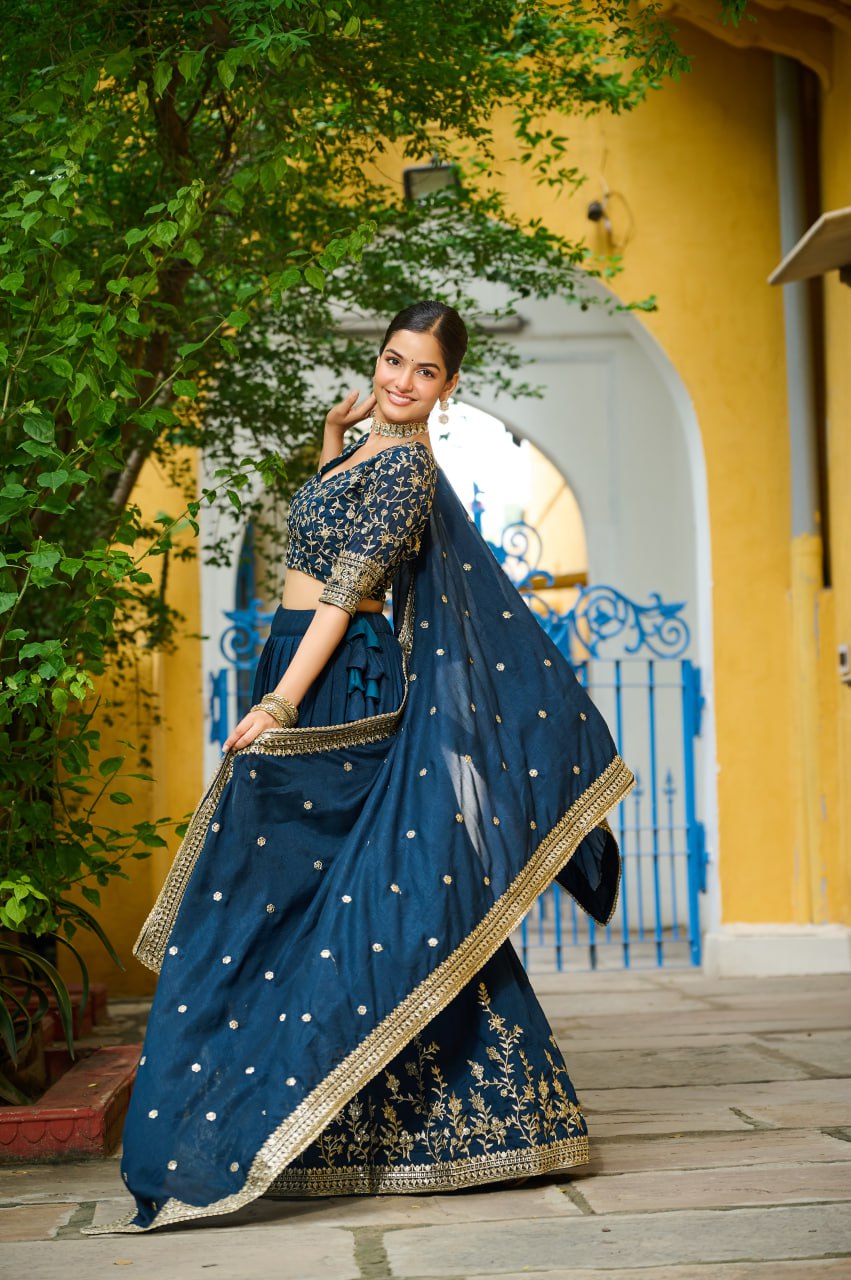 Blue Designer Vichitra Silk Lehenga with Sequins Multi-Embroidery – Full-Stitched Lehenga with Unstitched Blouse & Lace Border Dupatta ClothsVilla