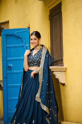 Blue Designer Vichitra Silk Lehenga with Sequins Multi-Embroidery – Full-Stitched Lehenga with Unstitched Blouse & Lace Border Dupatta ClothsVilla
