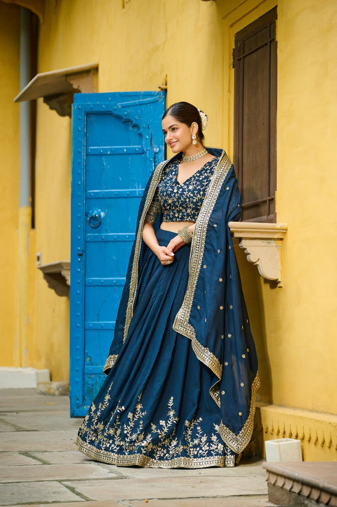 Blue Designer Vichitra Silk Lehenga with Sequins Multi-Embroidery – Full-Stitched Lehenga with Unstitched Blouse & Lace Border Dupatta ClothsVilla