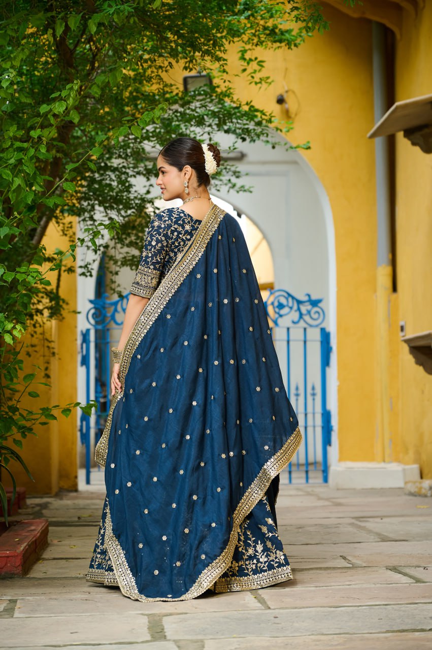 Blue Designer Vichitra Silk Lehenga with Sequins Multi-Embroidery – Full-Stitched Lehenga with Unstitched Blouse & Lace Border Dupatta ClothsVilla