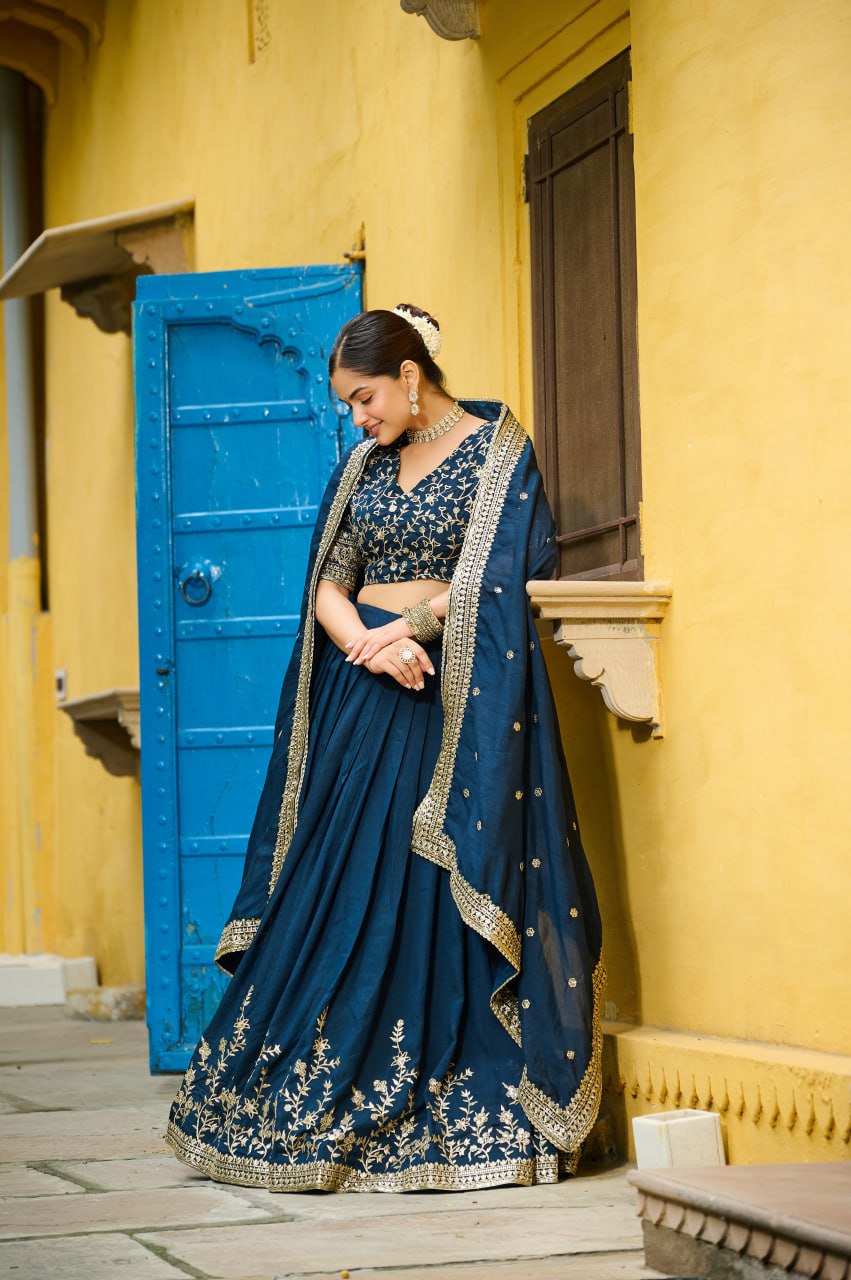 Blue Designer Vichitra Silk Lehenga with Sequins Multi-Embroidery – Full-Stitched Lehenga with Unstitched Blouse & Lace Border Dupatta ClothsVilla