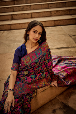 Blue Digital Print Elegant Bollywood Art Silk Saree with Zari Woven Border ClothsVilla