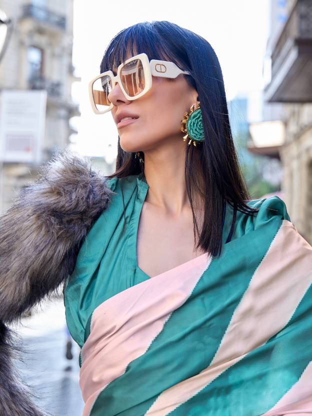 Blue Digital Print Saree in Satin Silk Blend – Party & Wedding Wear ClothsVilla