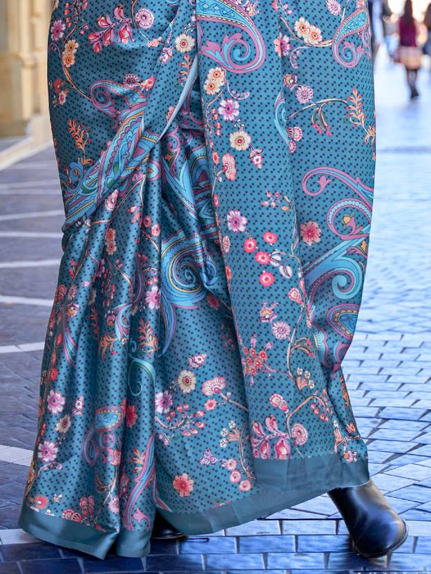 Blue Digital Print Saree in Satin Silk Blend – Party & Wedding Wear ClothsVilla