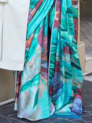 Blue Digital Print Saree in Satin Silk Blend – Party & Wedding Wear ClothsVilla