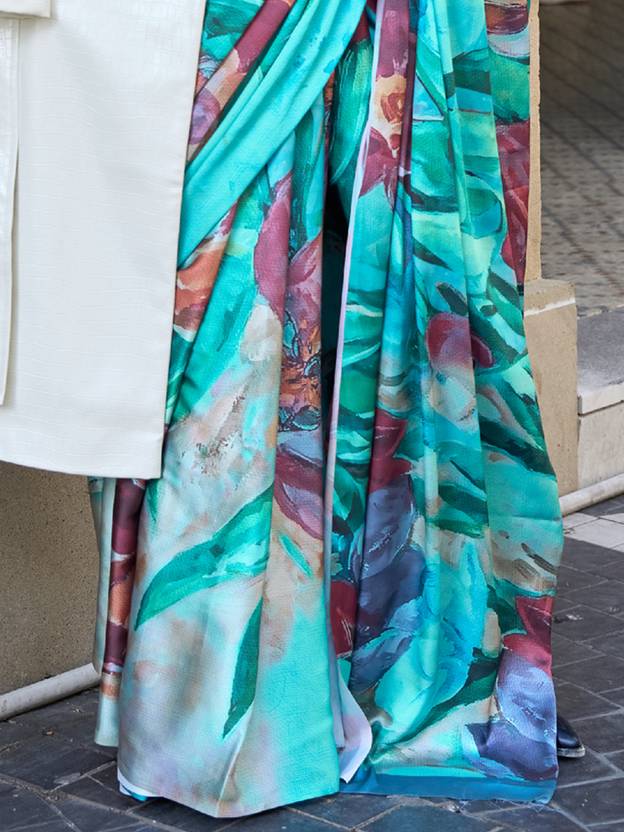 Blue Digital Print Saree in Satin Silk Blend – Party & Wedding Wear ClothsVilla