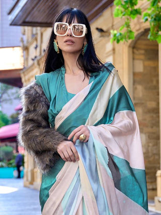Blue Digital Print Saree in Satin Silk Blend – Party & Wedding Wear ClothsVilla