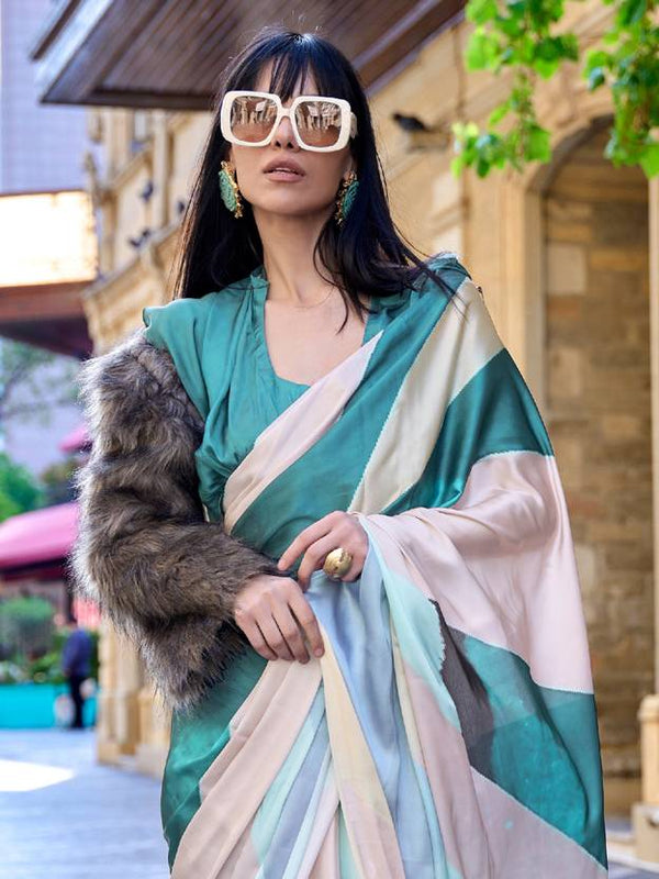 Blue Digital Print Saree in Satin Silk Blend – Party & Wedding Wear ClothsVilla